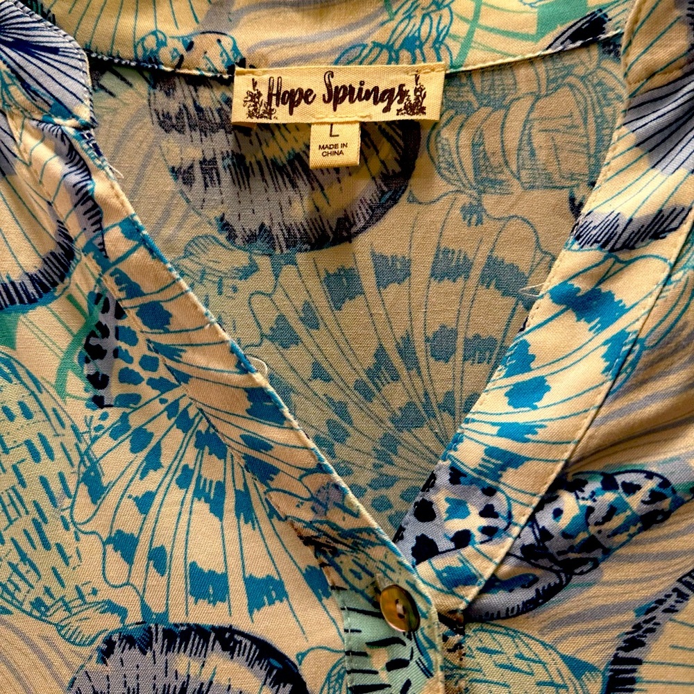 WOMEN’S Midi Boho Cottage Blue Floral Combo Tiered Dress Large Hope Springs